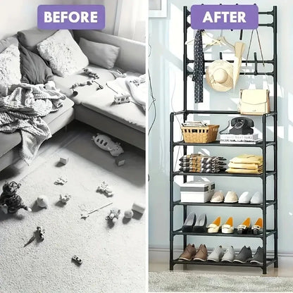 Entryway Coat Rack, Shoe Rack for Entryway, Coat Rack Freestanding with 4-Tier Storage Shelves and 8 Double Hooks, for Living Ro