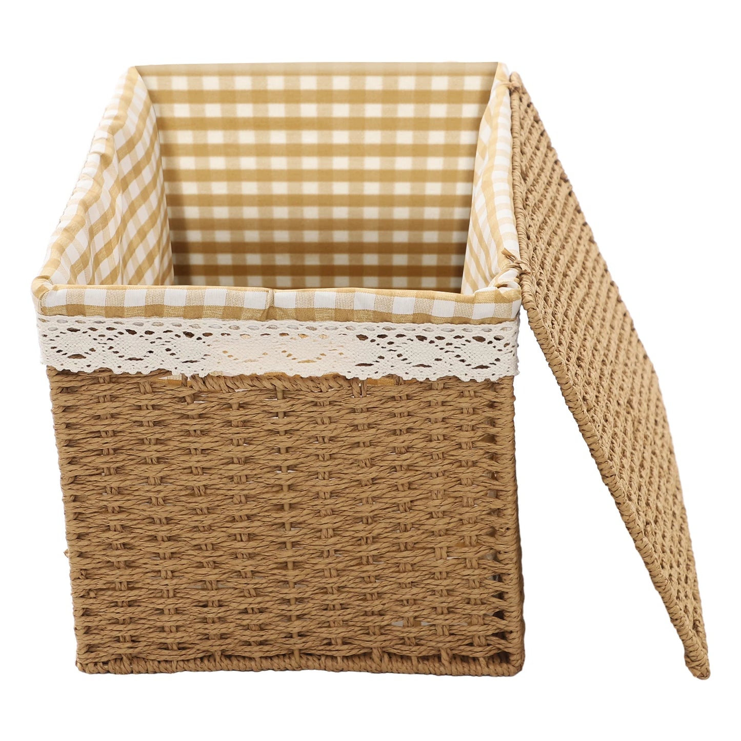 4 PCS Woven Storage Baskets Retro Country Style with Lid Sundries Organizer with Handle & Liner Desktop Decor Picnic Basket