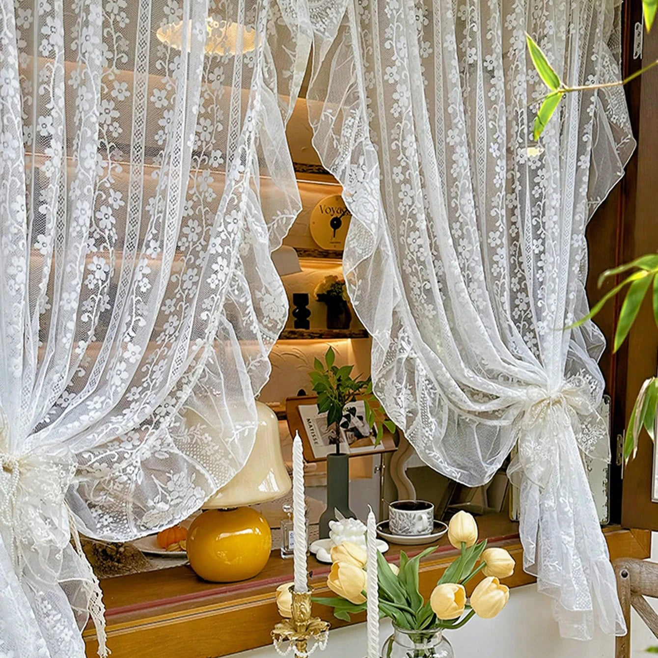 2PC White Embroidered  Lace Curtain, French Romantic Ruffled Voile Rod Pocket, Light Filtering Floral Sheer Curtains for Bedroom