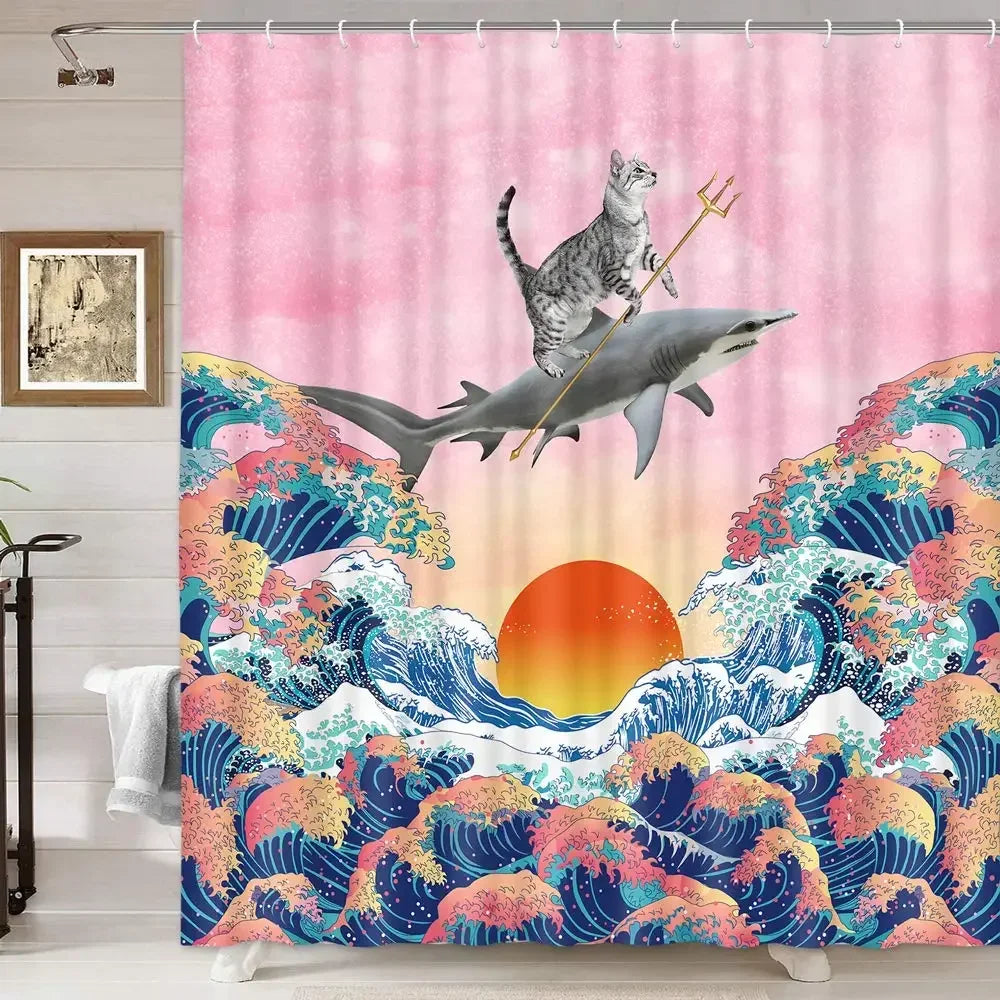 Zen Cat and Dragonfly Bath Curtain