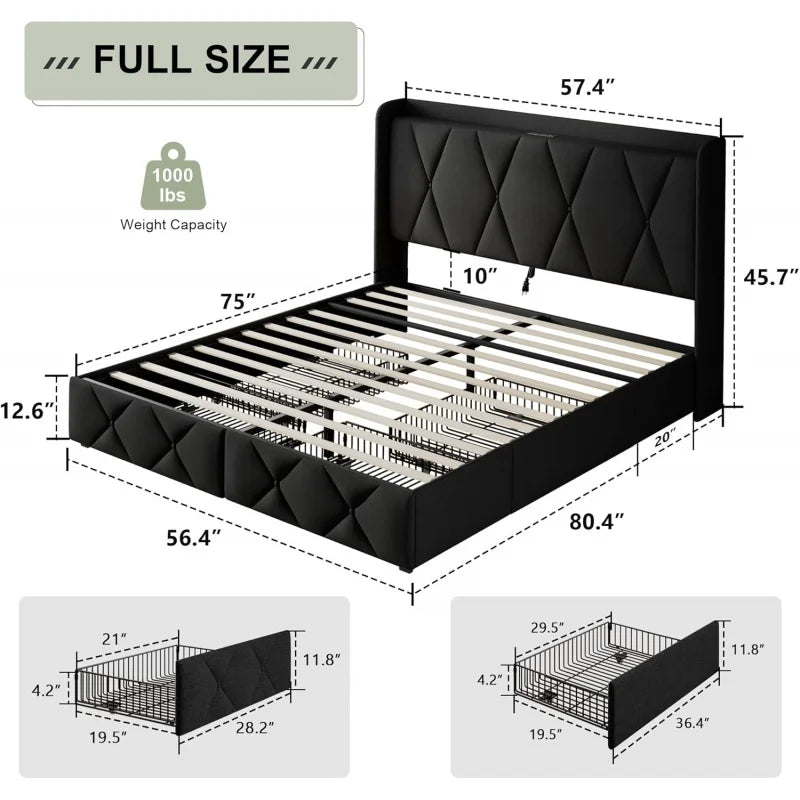 Full Size Bed Frame with 4 Storage Drawers, Upholstered Platform Bed Charging Station, Wingback Storage Headboard