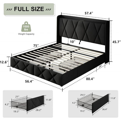 Full Size Bed Frame with 4 Storage Drawers, Upholstered Platform Bed Charging Station, Wingback Storage Headboard