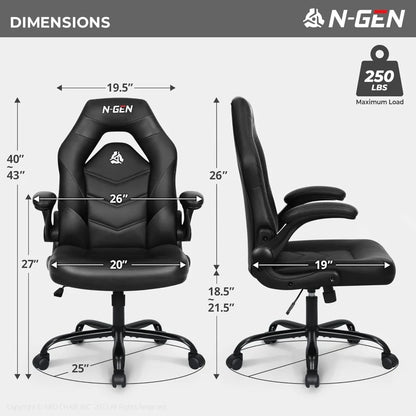 Video Gaming Chair Ergonomic Computer Desk Office Chair with Lumbar Support Adjustable Height Swivel Wheels Flip-Up